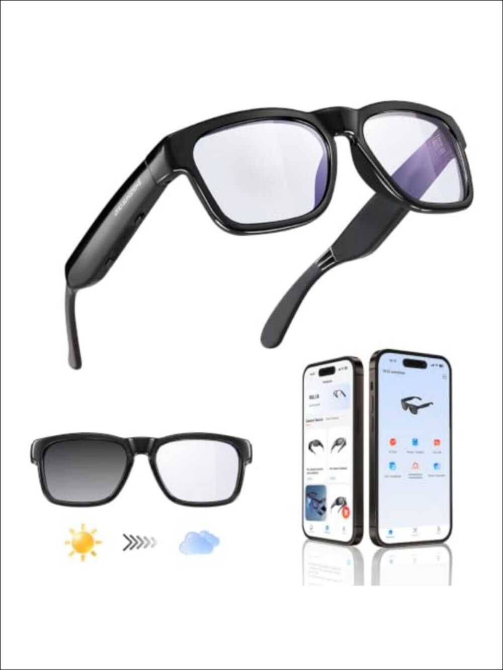 AI Smart Glasses Open-Ear Bluetooth Photochromic Z87.1 Translation Sunglasses